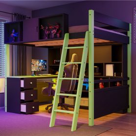 Full Size Wood Loft Bed with Desk, Ample Storage Space and Light