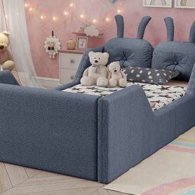 Twin Size Upholstered Platform Bed with Rabbit Cushion