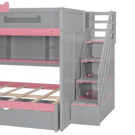 Full Over Full Bunk Bed With Twin Size Trundle, Staircase, Shelves and LED