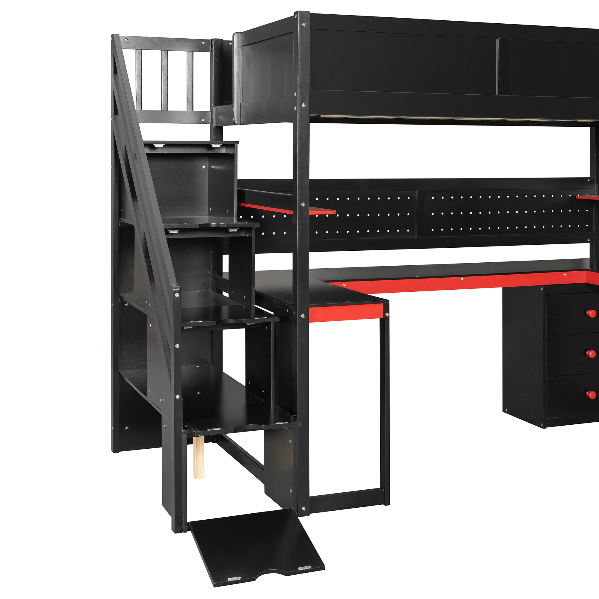 Twin Size Wooden Gaming Loft Bed with Storage Stairs, Desk, Shelves & Pegboard 15 Twin Size Wooden Gaming Loft Bed with Storage Stairs, Desk, Shelves & Pegboard