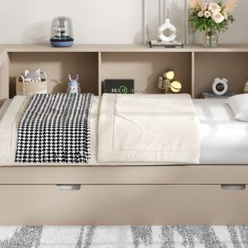 Wood Twin Size Platform Bed With Storage Shelves, Trundle, Charging Station And Upholstered Headboard