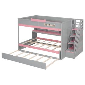 Full Over Full Bunk Bed With Twin Size Trundle, Staircase, Shelves and LED