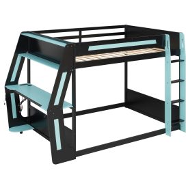 Full-Size Gaming Bunk Bed with Oversized RGB Desk, USB Charging Ports & Cable Grommet, LED Light Strip