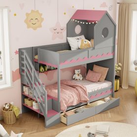 Home 31 Twin Over Twin Bunk Bed With House Roof, Drawer, Staircase and LED