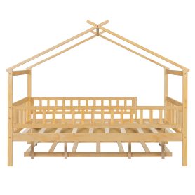 Full Size Wooden House Bed with Twin Size Trundle
