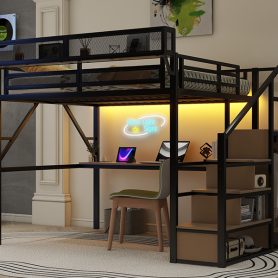 Queen Size Metal Loft Bed with Desk, Charging Station, Stairs and Light 29 Queen Size Metal Loft Bed with Desk, Charging Station, Stairs and Light
