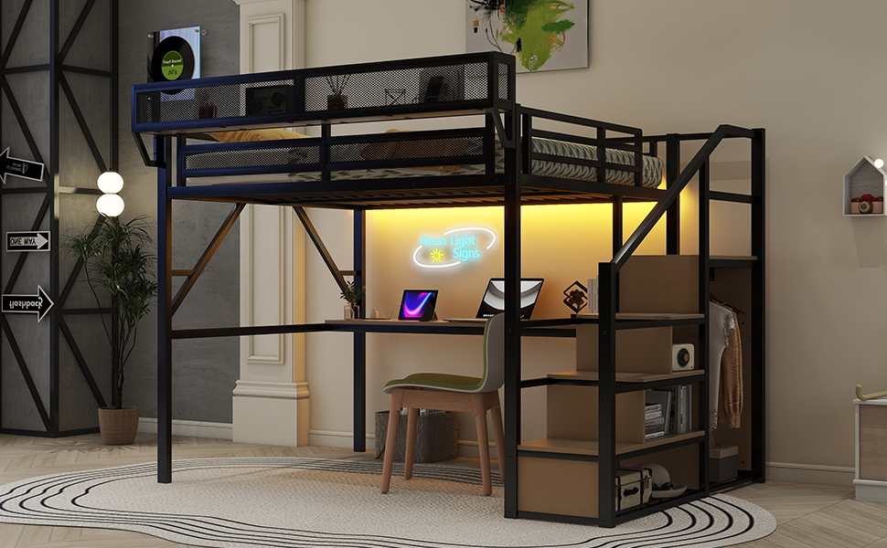 Queen Size Metal Loft Bed with Desk, Charging Station, Stairs and Light 10 Queen Size Metal Loft Bed with Desk, Charging Station, Stairs and Light