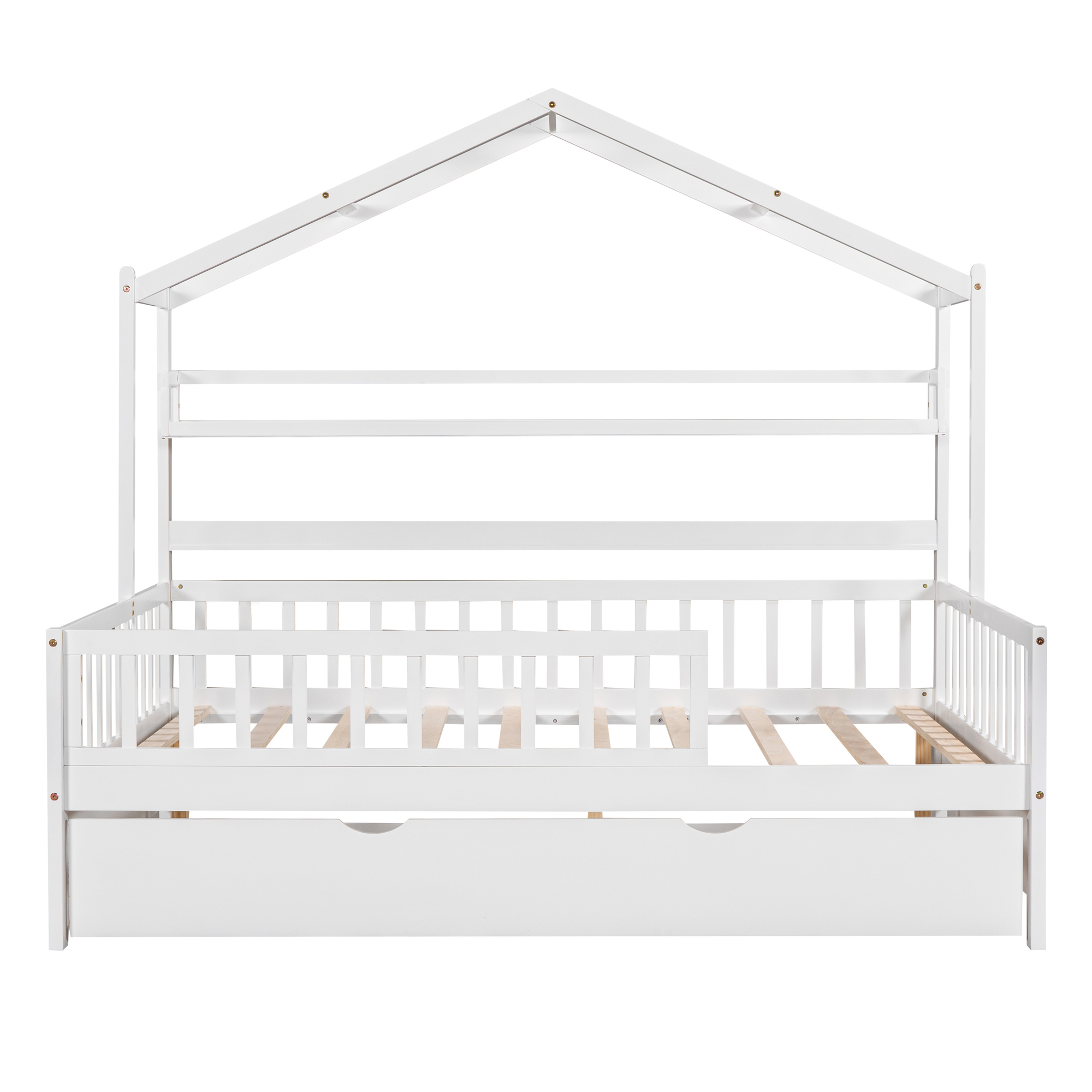 Wooden Full Size House Bed with Twin Size Trundle and Shelf 6 Wooden Full Size House Bed with Twin Size Trundle and Shelf