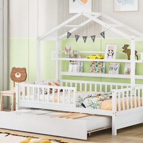 Wooden Twin Size House Bed with Trundle and Shelf 29 Wooden Twin Size House Bed with Trundle and Shelf