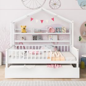 Wooden Full Size House Bed with Twin Size Trundle and Shelf 17 Wooden Full Size House Bed with Twin Size Trundle and Shelf