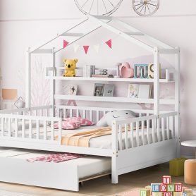 Wooden Full Size House Bed with Twin Size Trundle and Shelf 29 Wooden Full Size House Bed with Twin Size Trundle and Shelf