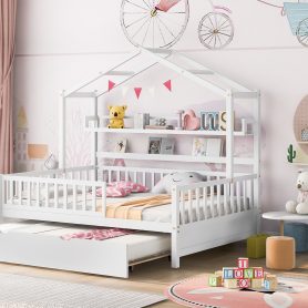 Wooden Full Size House Bed with Twin Size Trundle and Shelf 28 Wooden Full Size House Bed with Twin Size Trundle and Shelf