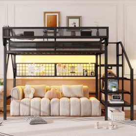 Metal Queen Size Loft Bed With Stairs, Light And Storage