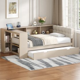 Wood Twin Size Platform Bed With Storage Shelves, Trundle, Charging Station And Upholstered Headboard