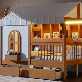 Full Size House Bed with 2 Large Drawers, Side Bookshelf with LED Strip