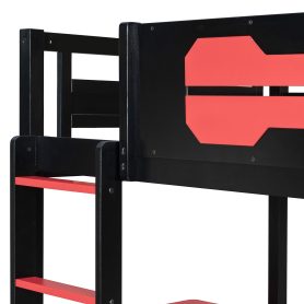 Twin Size Bunk Bed with Two Built-In Gaming Desks, USB Desktop Ports & Pegboard Organizer