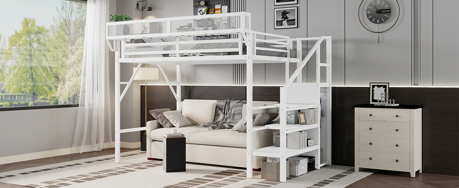 Metal Twin Xl Size Loft Bed With Stairs, Storage Shelves and Wardrobe 18 Metal Twin Xl Size Loft Bed With Stairs, Storage Shelves and Wardrobe