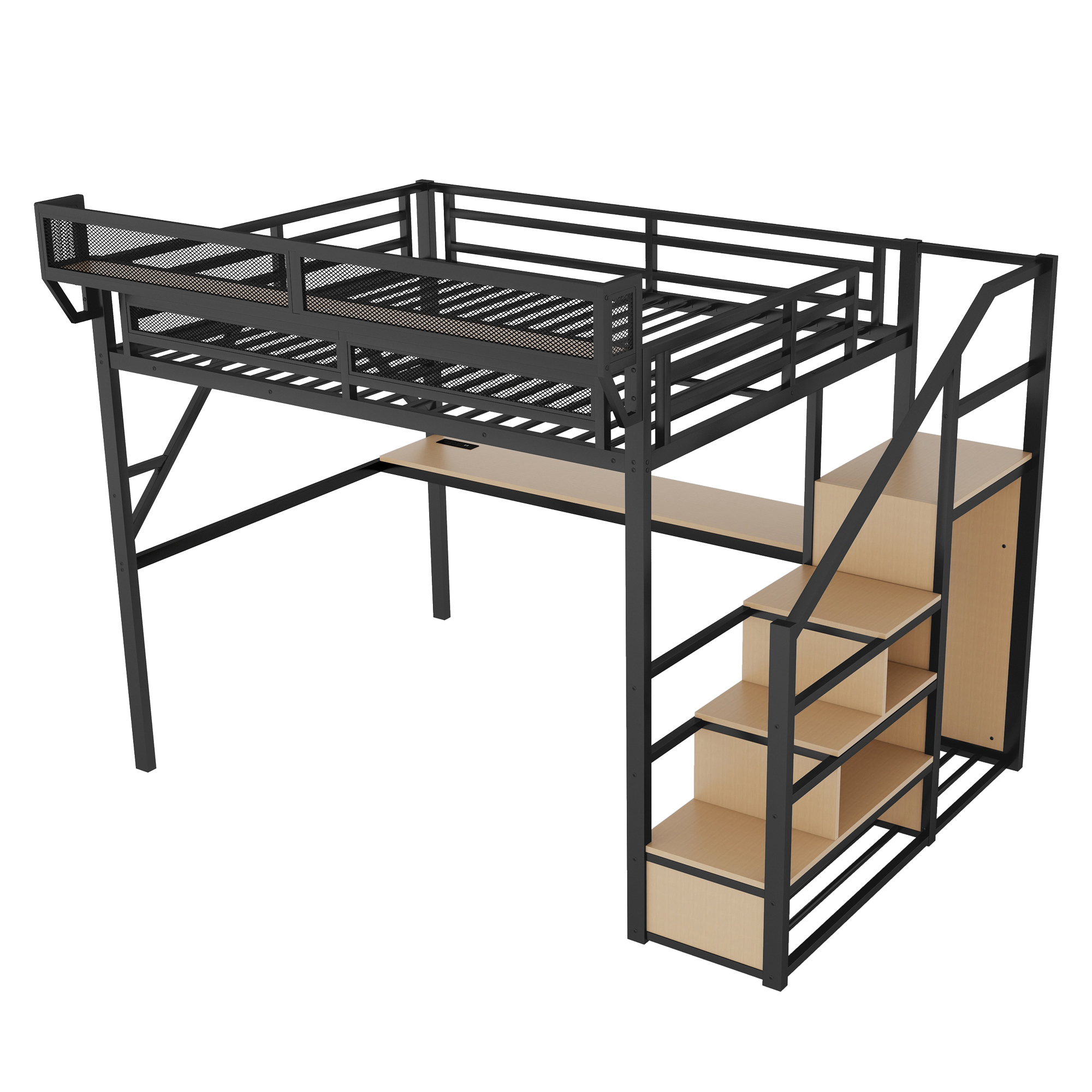 Queen Size Metal Loft Bed with Desk, Charging Station, Stairs and Light 14 Queen Size Metal Loft Bed with Desk, Charging Station, Stairs and Light