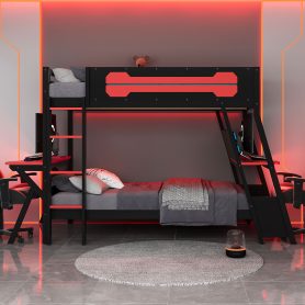 Twin Size Bunk Bed with Two Built-In Gaming Desks, USB Desktop Ports & Pegboard Organizer