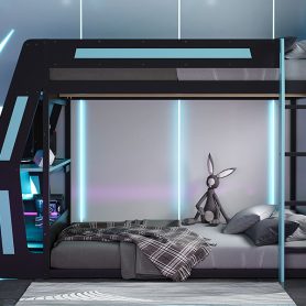 Full-Size Gaming Bunk Bed with Oversized RGB Desk, USB Charging Ports & Cable Grommet, LED Light Strip