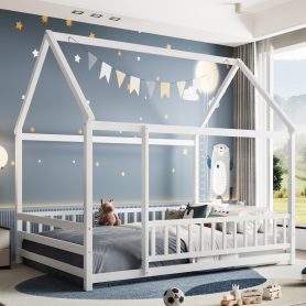 Wooden Full Size Floor Bed With House Roof and Fence Guardrails 9 Wooden Full Size Floor Bed With House Roof and Fence Guardrails