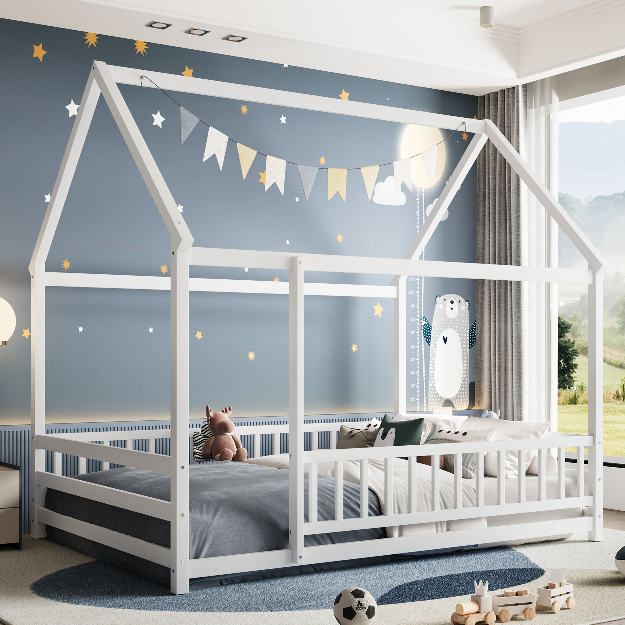 Wooden Full Size Floor Bed With House Roof and Fence Guardrails 4 Wooden Full Size Floor Bed With House Roof and Fence Guardrails