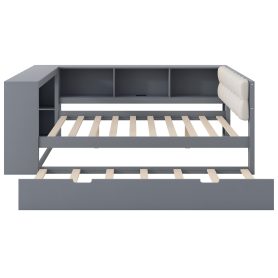 Wood Full Size Platform Bed with Storage Shelves, Trundle, Charging Station and Upholstered Headboard