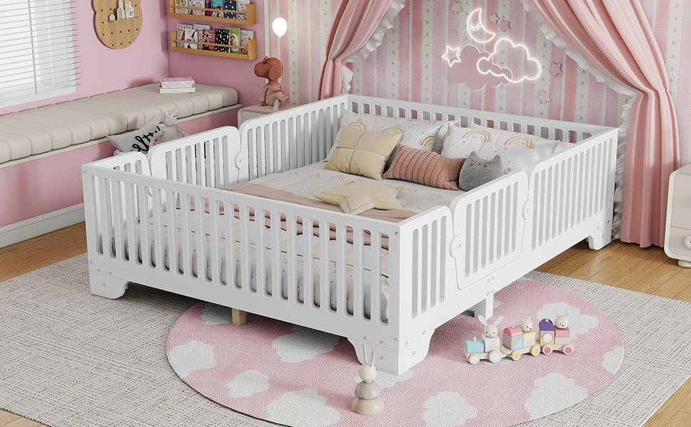 Full Floor Bed with Slats and Fence 7 Full Floor Bed with Slats and Fence