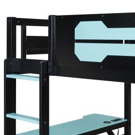 Full Size Bunk Bed with Two Built-In Gaming Desks, USB Desktop Ports & Pegboard Organizer