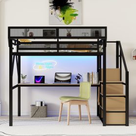 Full Loft Bed With Desk, Charging Station, Stairs And Light 24 Full Loft Bed With Desk, Charging Station, Stairs And Light