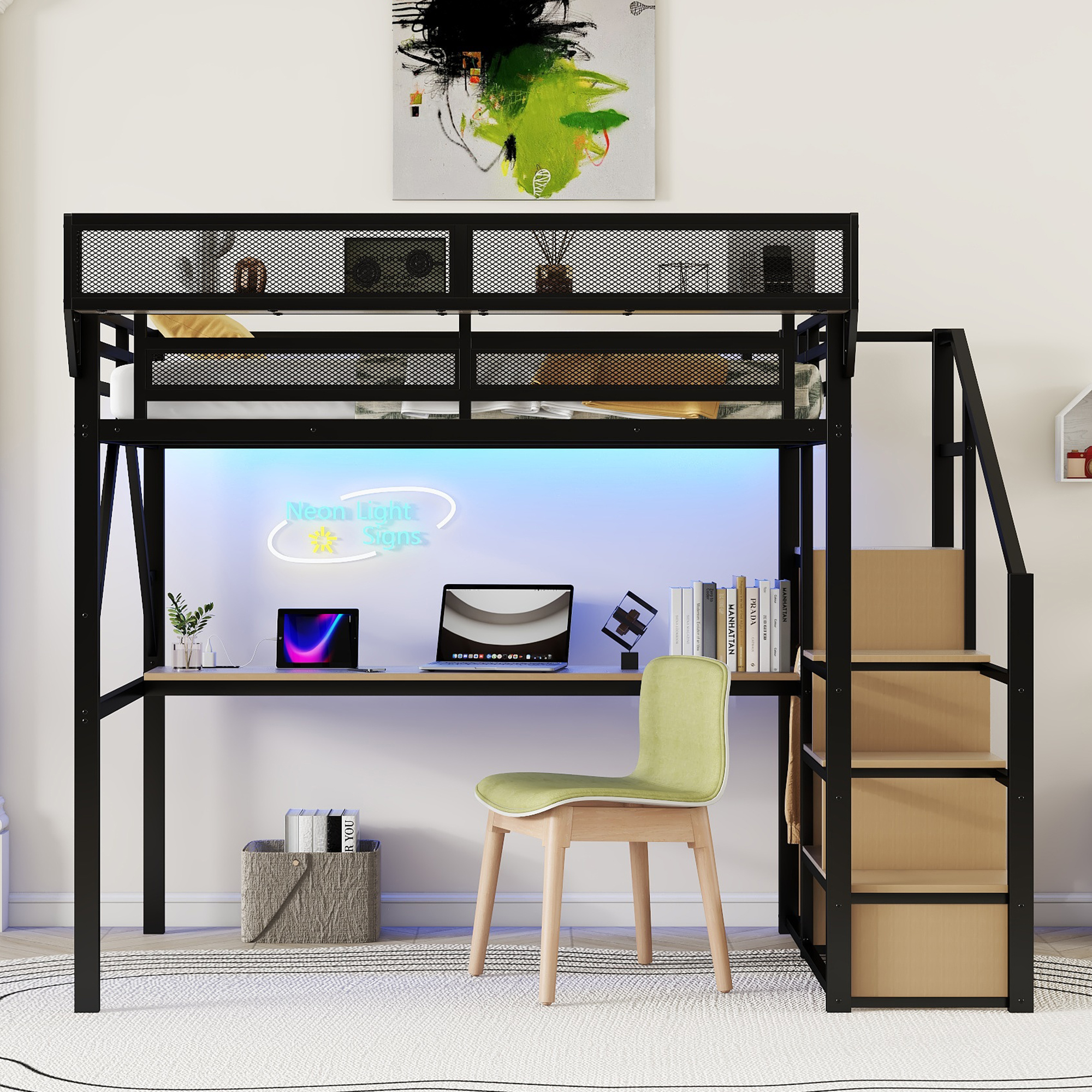 Full Loft Bed With Desk, Charging Station, Stairs And Light 5 Full Loft Bed With Desk, Charging Station, Stairs And Light