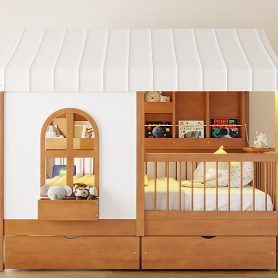 Full Size House Bed with 2 Large Drawers, Side Bookshelf with LED Strip