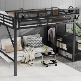 Metal Full Size Loft Bed With Stairs, Storage Shelves and Wardrobe