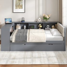 Wood Full Size Platform Bed with Storage Shelves, Trundle, Charging Station and Upholstered Headboard