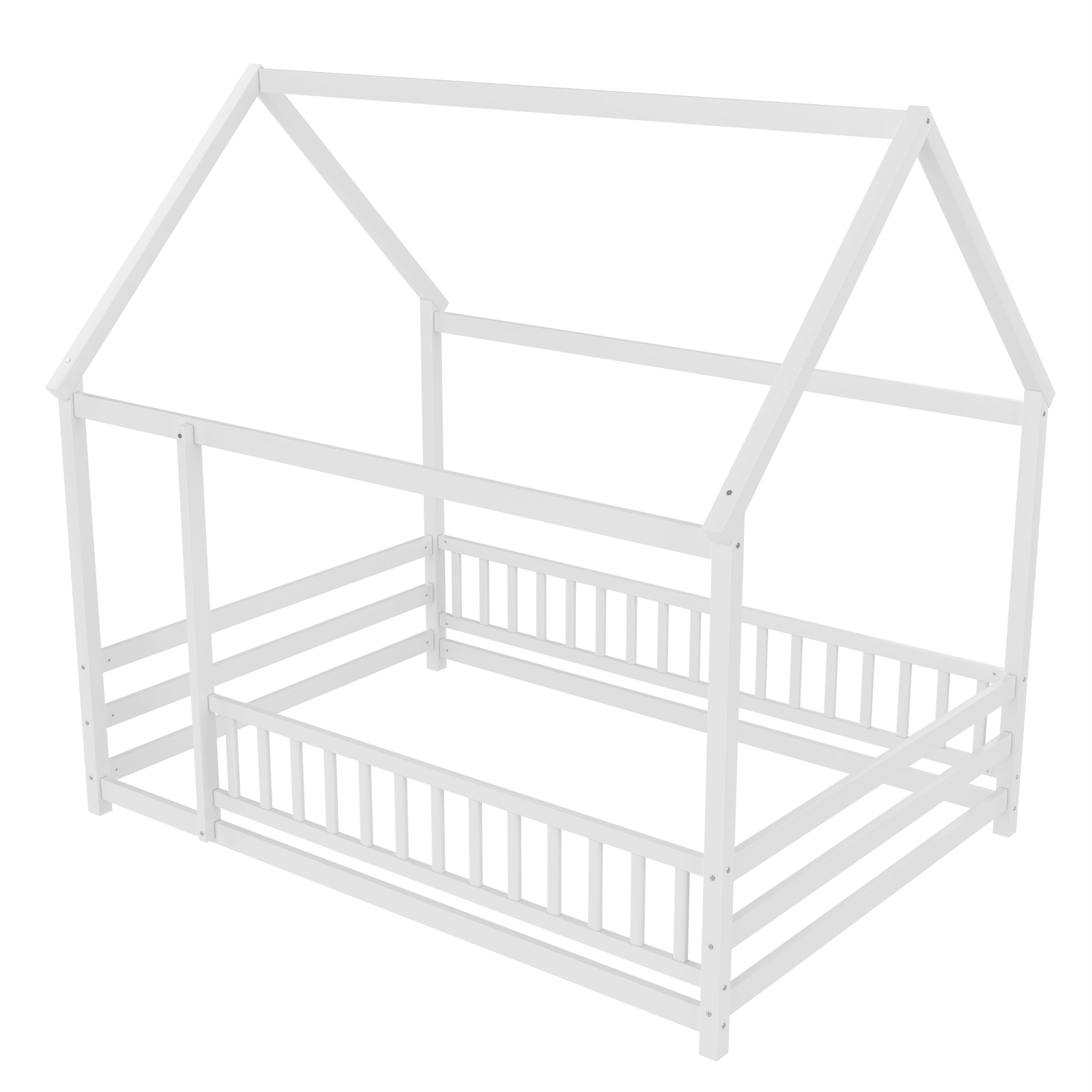 Wooden Full Size Floor Bed With House Roof and Fence Guardrails 8 Wooden Full Size Floor Bed With House Roof and Fence Guardrails