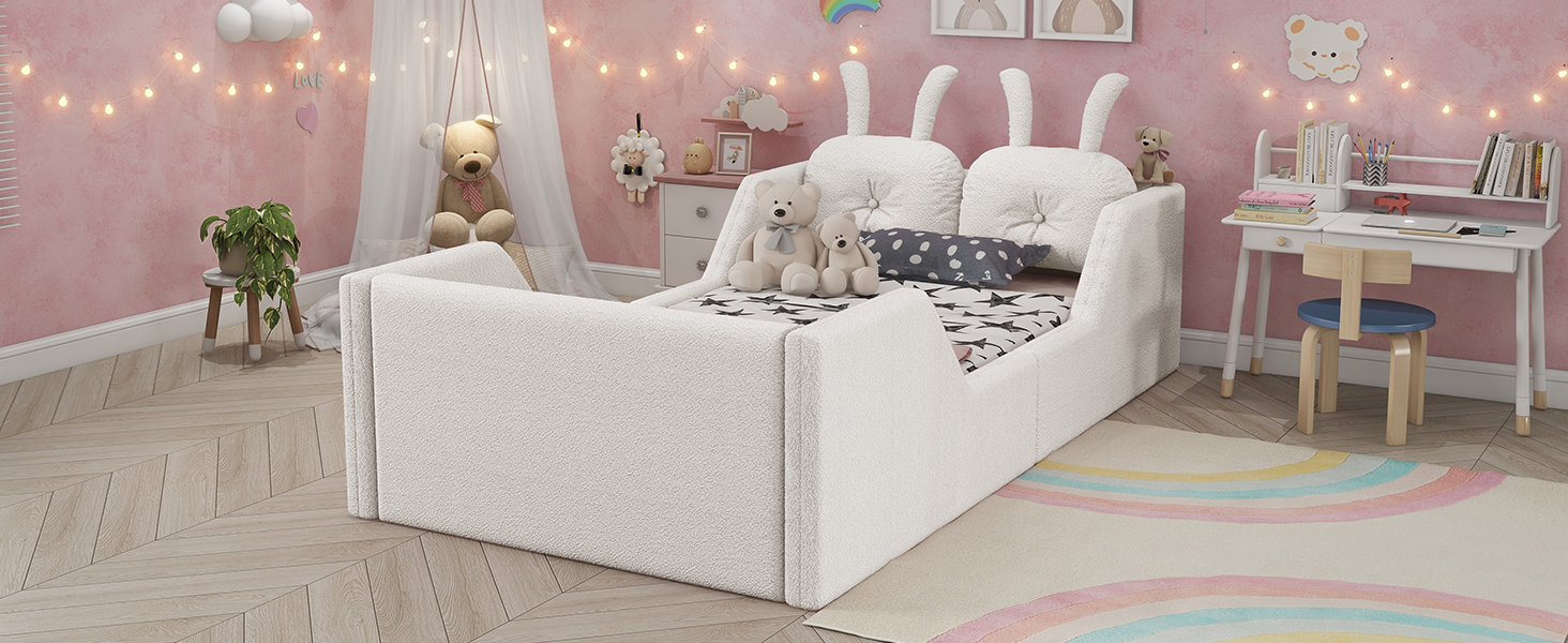 Twin Size Upholstered Platform Bed with Rabbit Cushion 13 Twin Size Upholstered Platform Bed with Rabbit Cushion