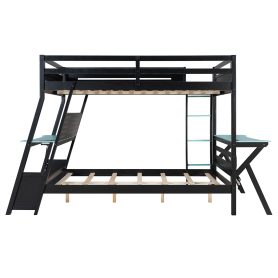 Full Size Bunk Bed with Two Built-In Gaming Desks, USB Desktop Ports & Pegboard Organizer