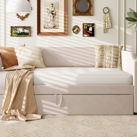 Twin Size Velvet Upholstered Daybed with Pop Up Trundle 40 Twin Size Velvet Upholstered Daybed with Pop Up Trundle