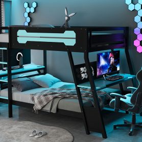 Full Size Bunk Bed with Two Built-In Gaming Desks, USB Desktop Ports & Pegboard Organizer