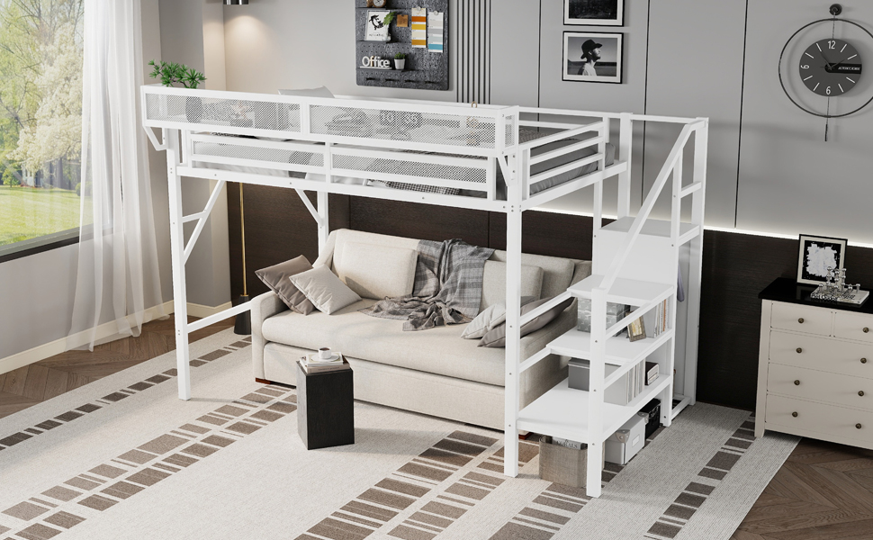 Metal Twin Xl Size Loft Bed With Stairs, Storage Shelves and Wardrobe 17 Metal Twin Xl Size Loft Bed With Stairs, Storage Shelves and Wardrobe