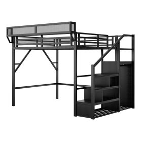 Metal Full Size Loft Bed With Stairs, Storage Shelves and Wardrobe