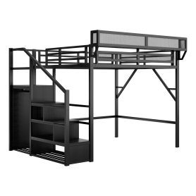 Metal Full Size Loft Bed With Stairs, Storage Shelves and Wardrobe