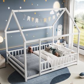 Wooden Full Size Floor Bed With House Roof and Fence Guardrails 10 Wooden Full Size Floor Bed With House Roof and Fence Guardrails