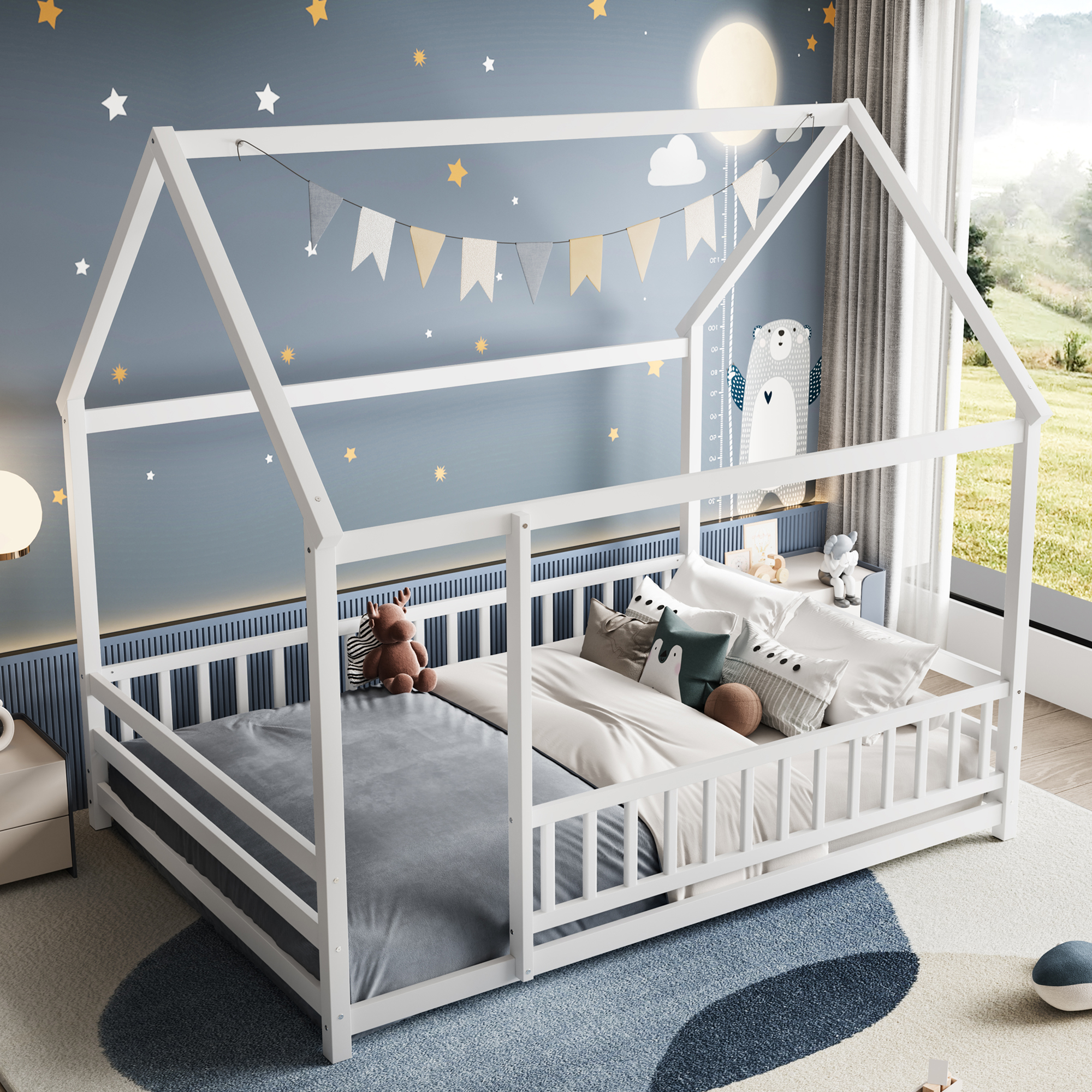 Wooden Full Size Floor Bed With House Roof and Fence Guardrails 5 Wooden Full Size Floor Bed With House Roof and Fence Guardrails