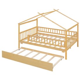 Full Size Wooden House Bed with Twin Size Trundle