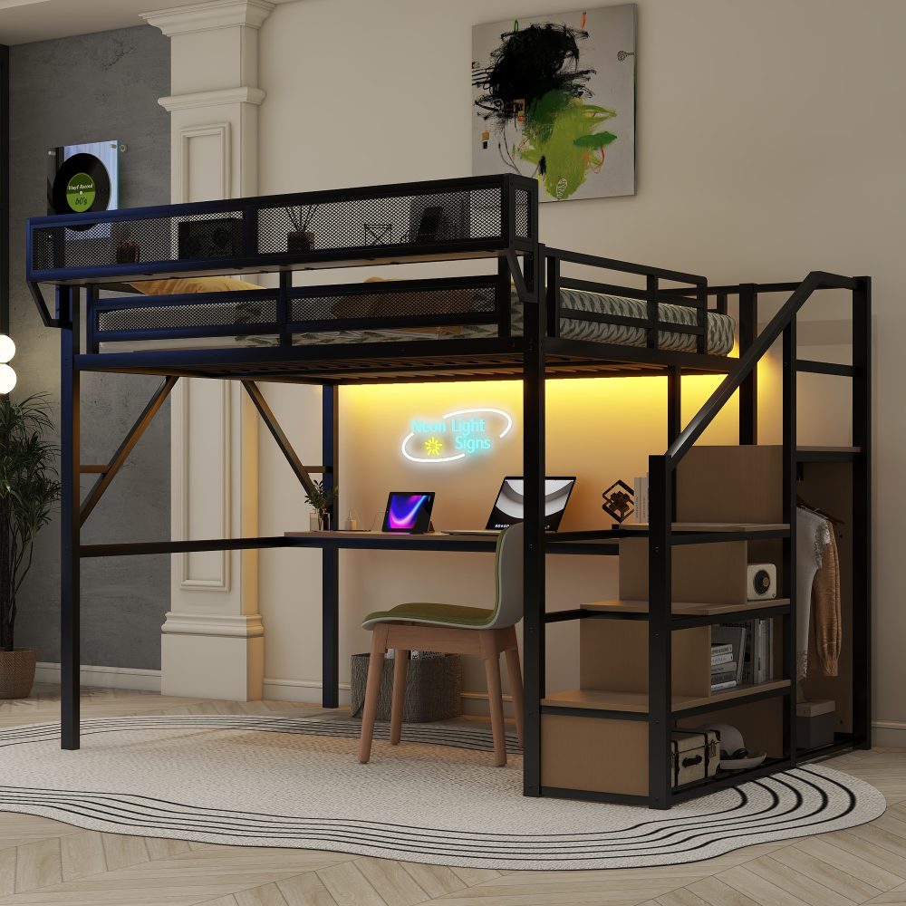 Queen Size Metal Loft Bed with Desk, Charging Station, Stairs and Light ...
