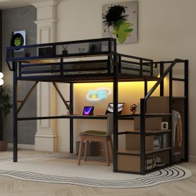 Queen Size Metal Loft Bed with Desk, Charging Station, Stairs and Light 23 Queen Size Metal Loft Bed with Desk, Charging Station, Stairs and Light