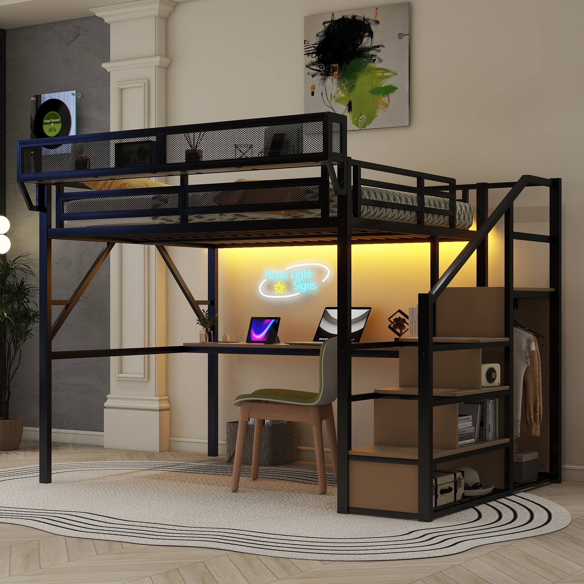 Queen Size Metal Loft Bed with Desk, Charging Station, Stairs and Light 4 Queen Size Metal Loft Bed with Desk, Charging Station, Stairs and Light