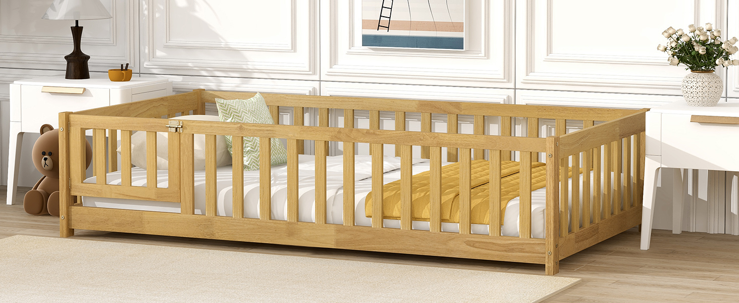 Twin Size Floor Bed With Fence, Door and Safety Guardrails 6 Twin Size Floor Bed With Fence, Door and Safety Guardrails