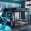 Full-Size Gaming Bunk Bed with Oversized RGB Desk, USB Charging Ports & Cable Grommet, LED Light Strip